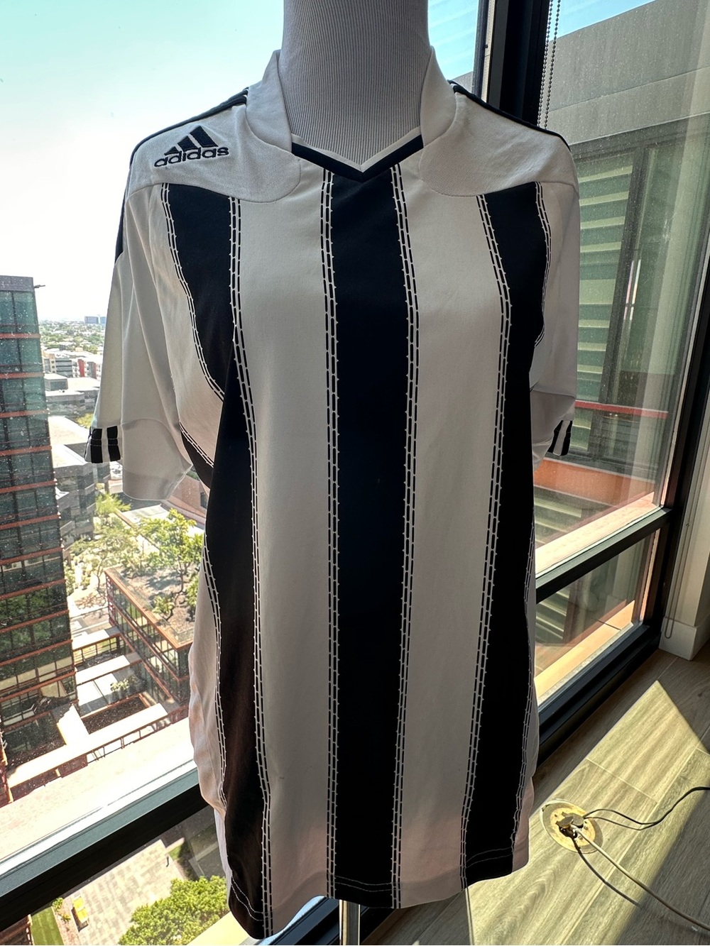 adidas Men’s Black and White Vertical Stripe Soccer Jersey
